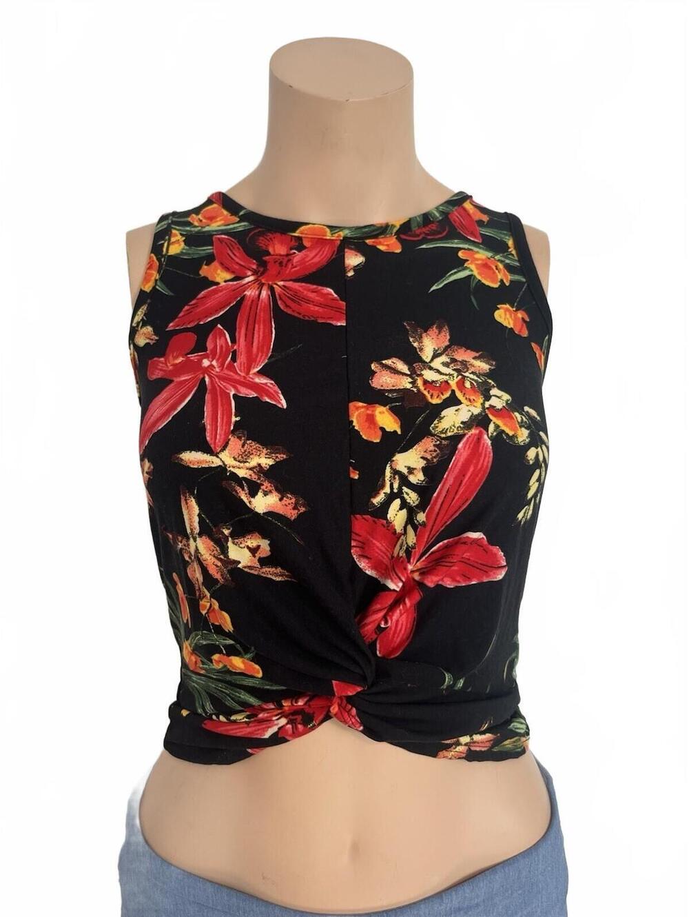 First Love Black Floral Sleeveless Tie- Front Crop Top Size Medium